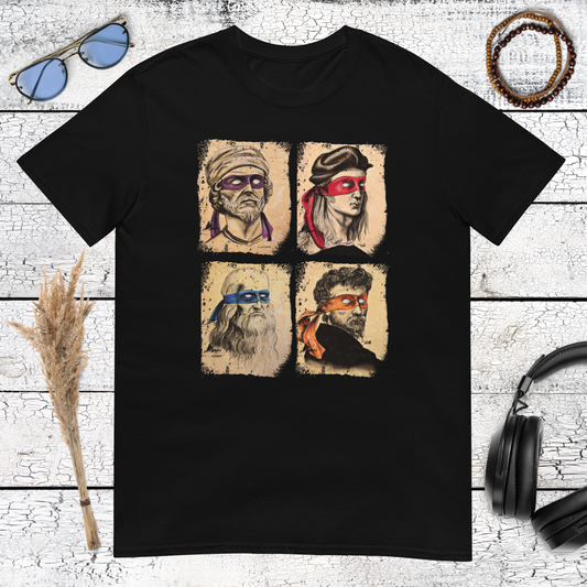 Product mockupFunny Renaissance portrait parody featuring four masked figures on a black t-shirt