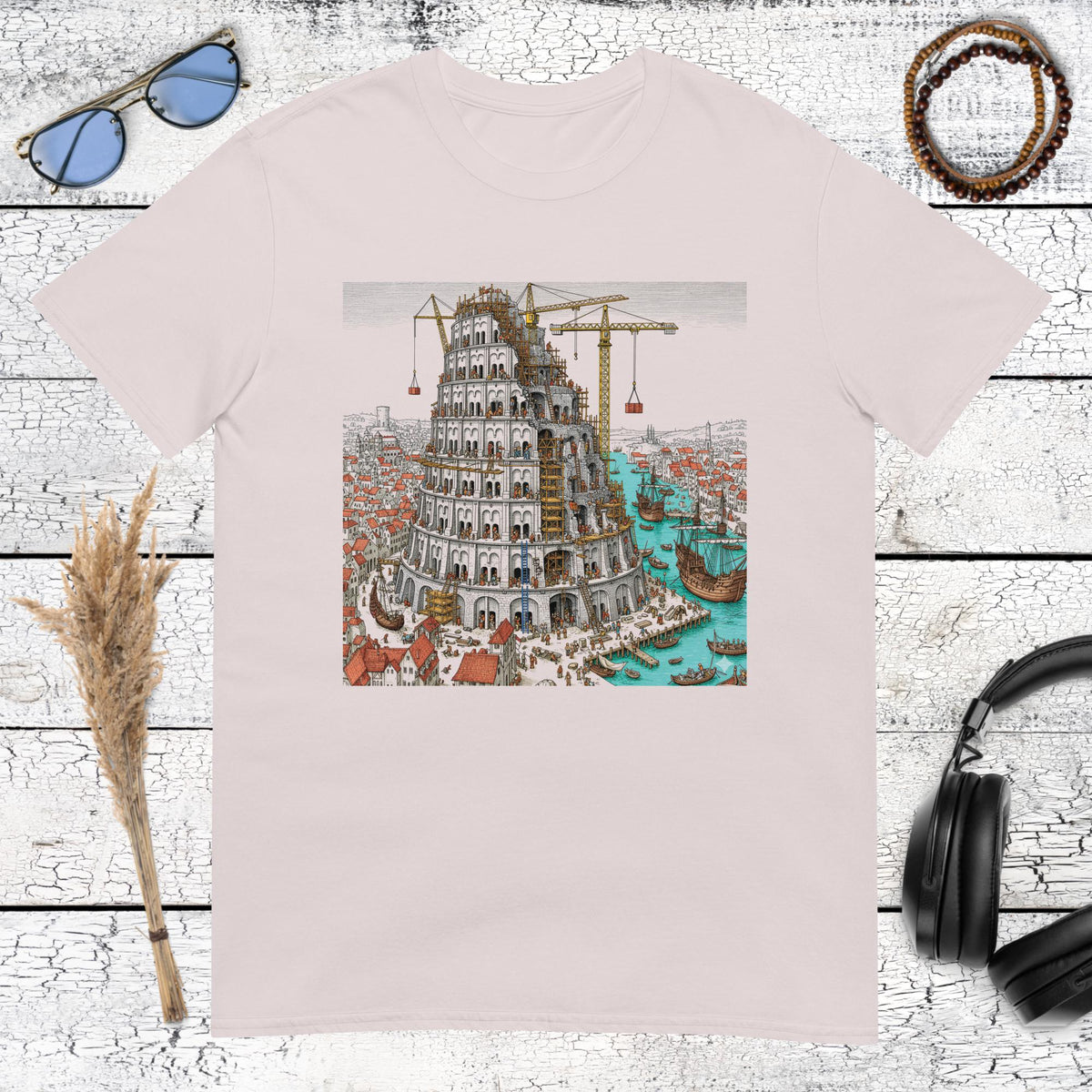 Product mockAesthetic fine art graphic of Bruegel's masterpiece on a light ice grey t-shirtup