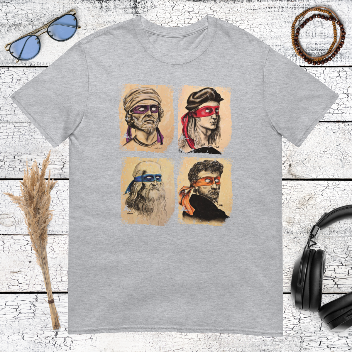 Four humorous classical portraits with ninja-inspired details on a sport grey t-shirt