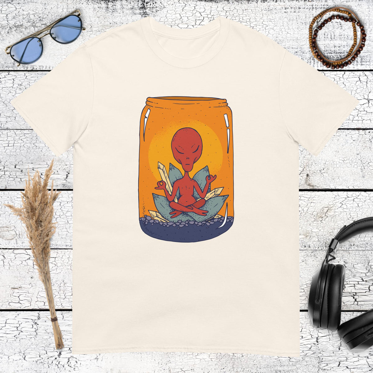 Vintage style orange sunset alien meditation art on natural t-shirt