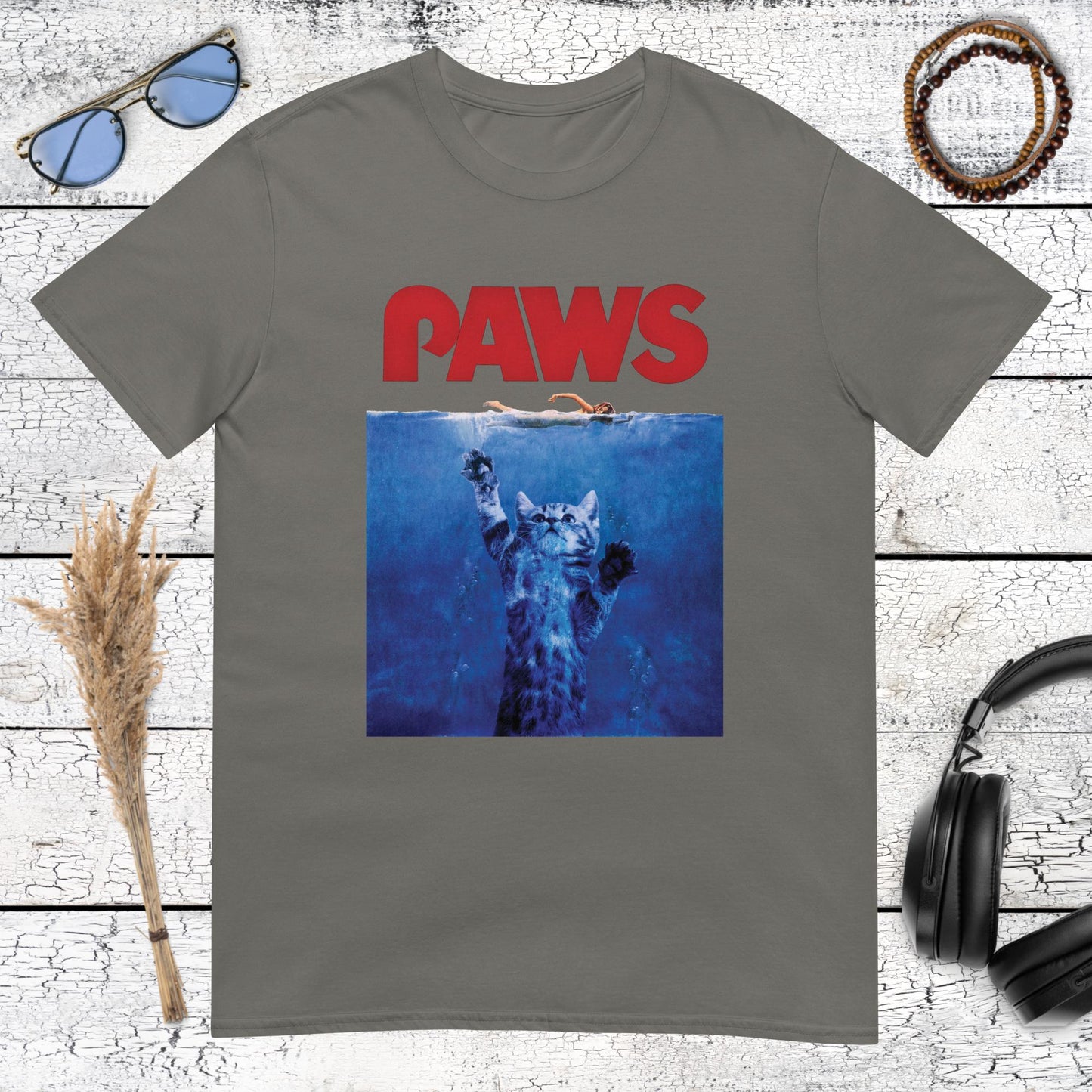 PAWS animal parody poster design on a charcoal t-shirt