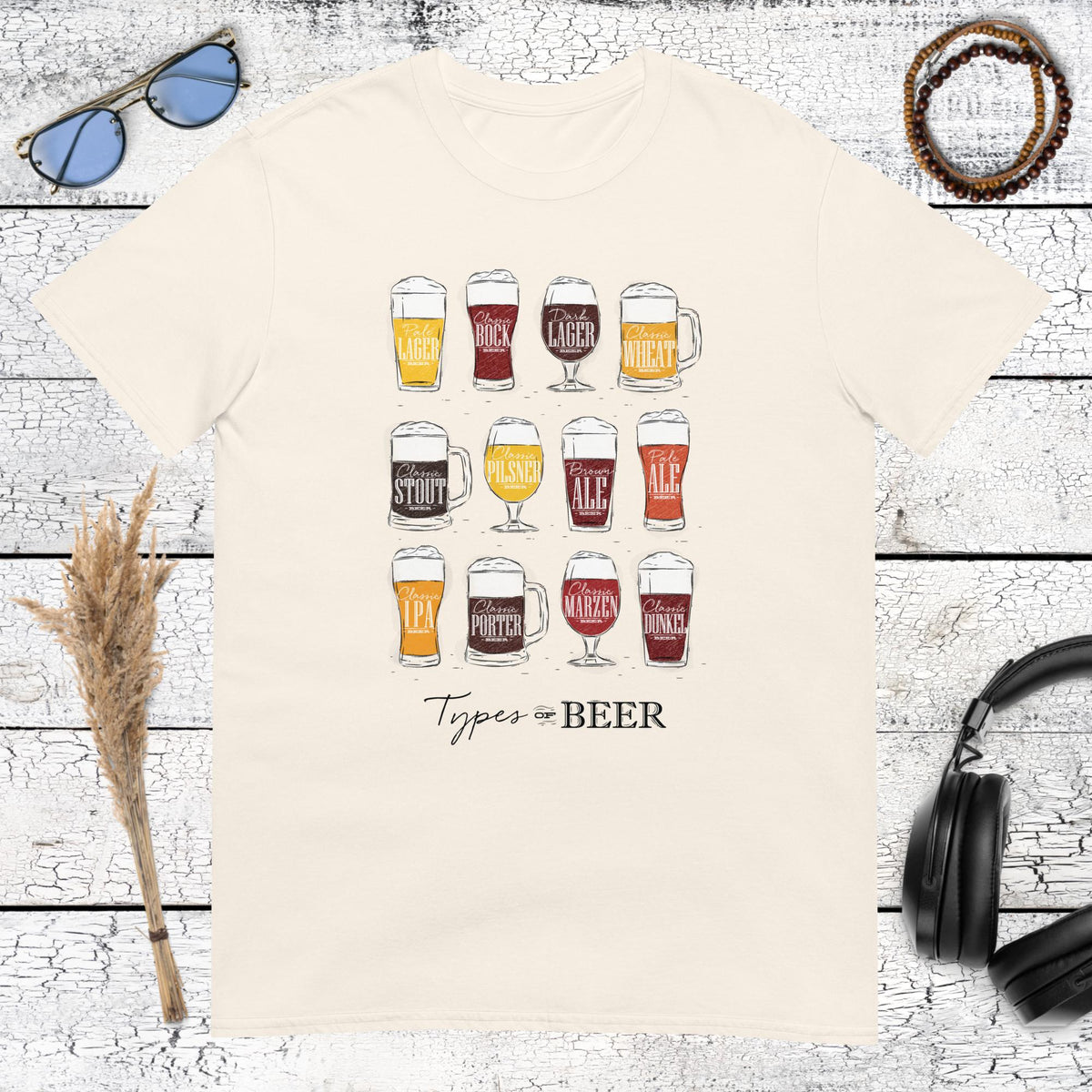 Vintage style beer types chart with artistic pint illustrations on a natural cotton t-shirt