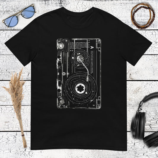 Minimalist white line art cassette tape graphic on black t-shirt