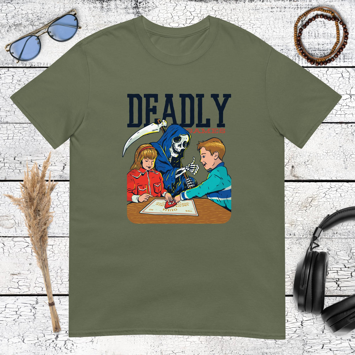 Military green t-shirt with a funny gaming parody featuring death and kids playing together