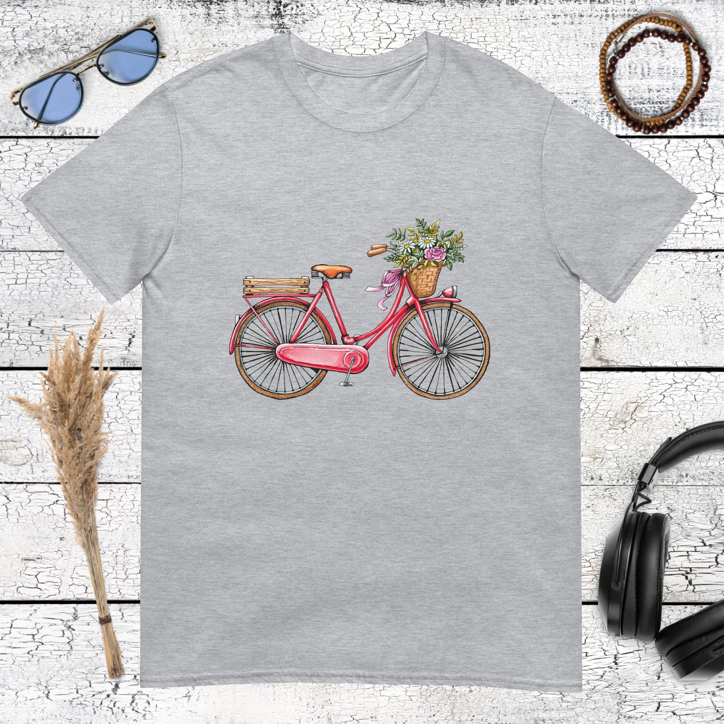 Pink retro bicycle graphic with blossoms in the basket on a sport grey t-shirt