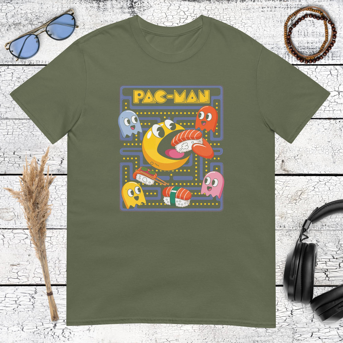 Vintage arcade-style sushi graphic on a military green t-shirt