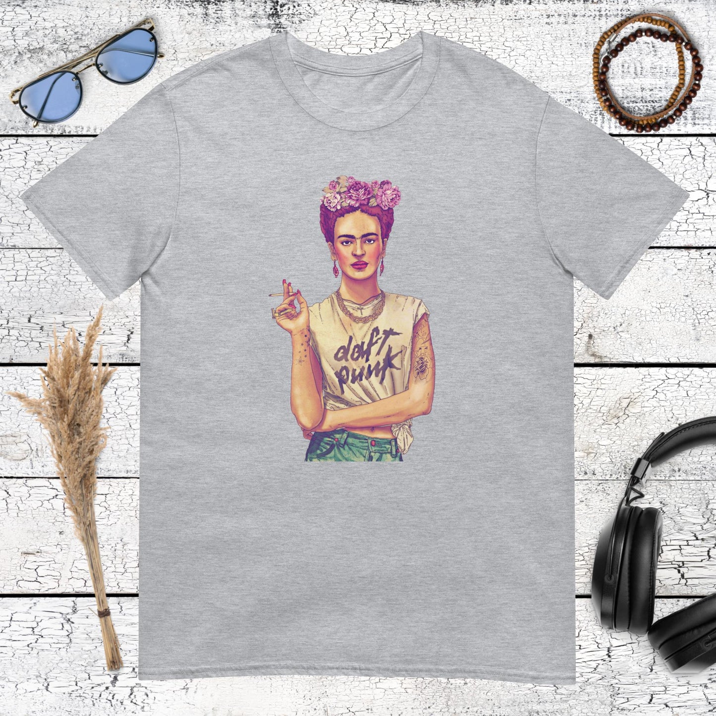 Cool pop culture mashup featuring the famous artist Frida Kahlo on a sport grey t-shirt