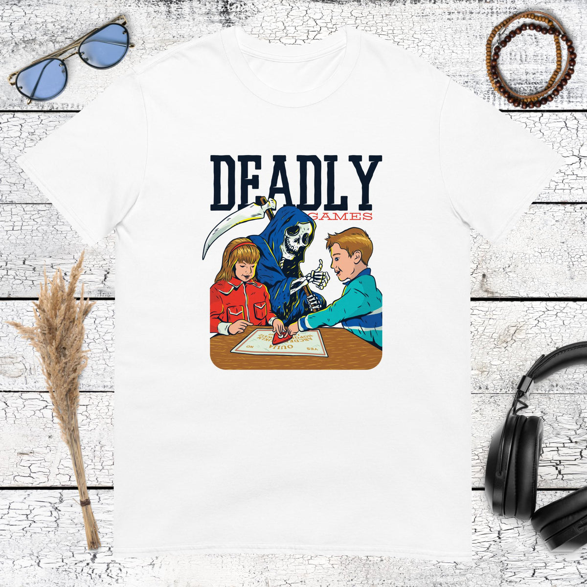 Vibrant comic style art featuring the Grim Reaper and gamers on a classic white t-shirt