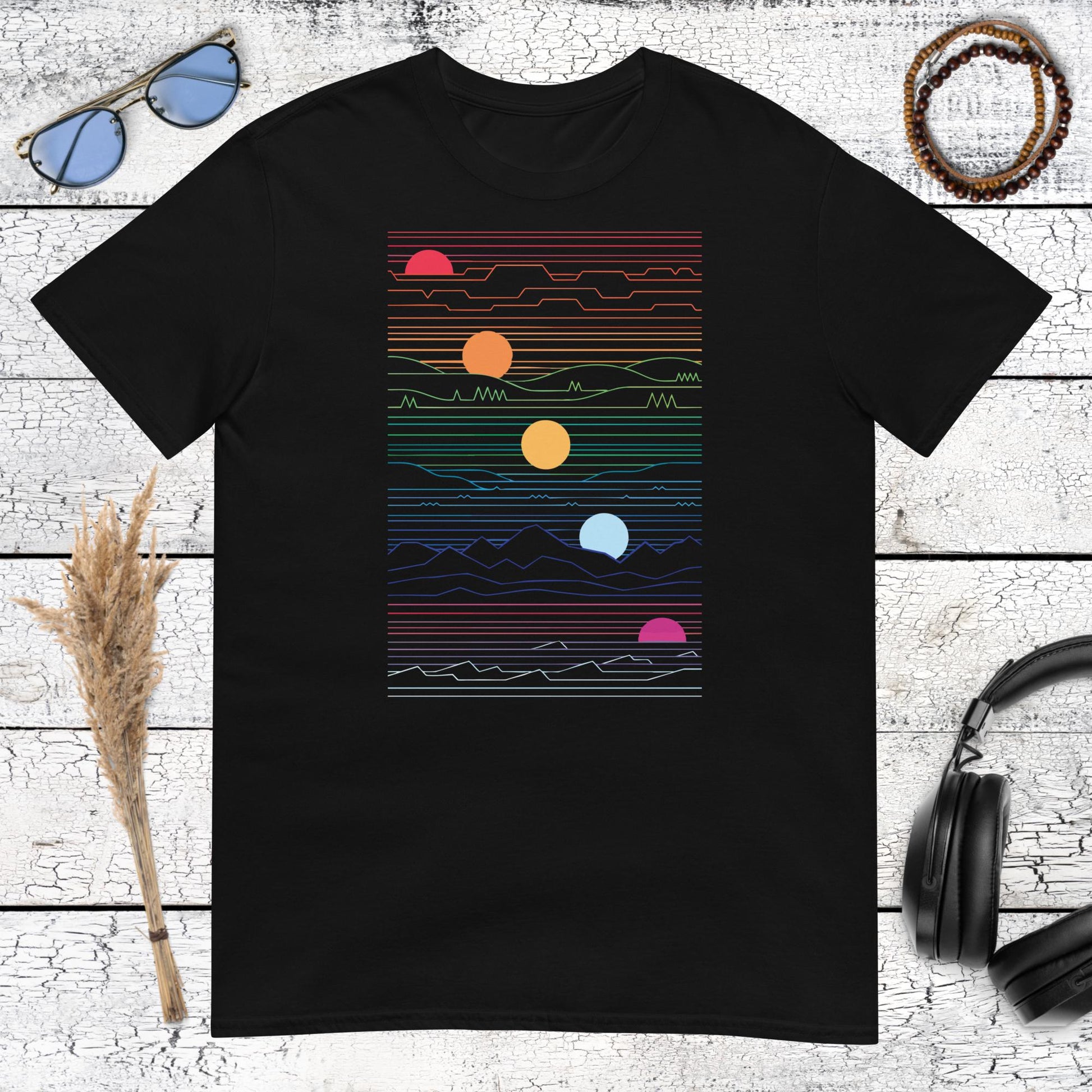 Geometric sunset with abstract colorful lines on a black t-shirt