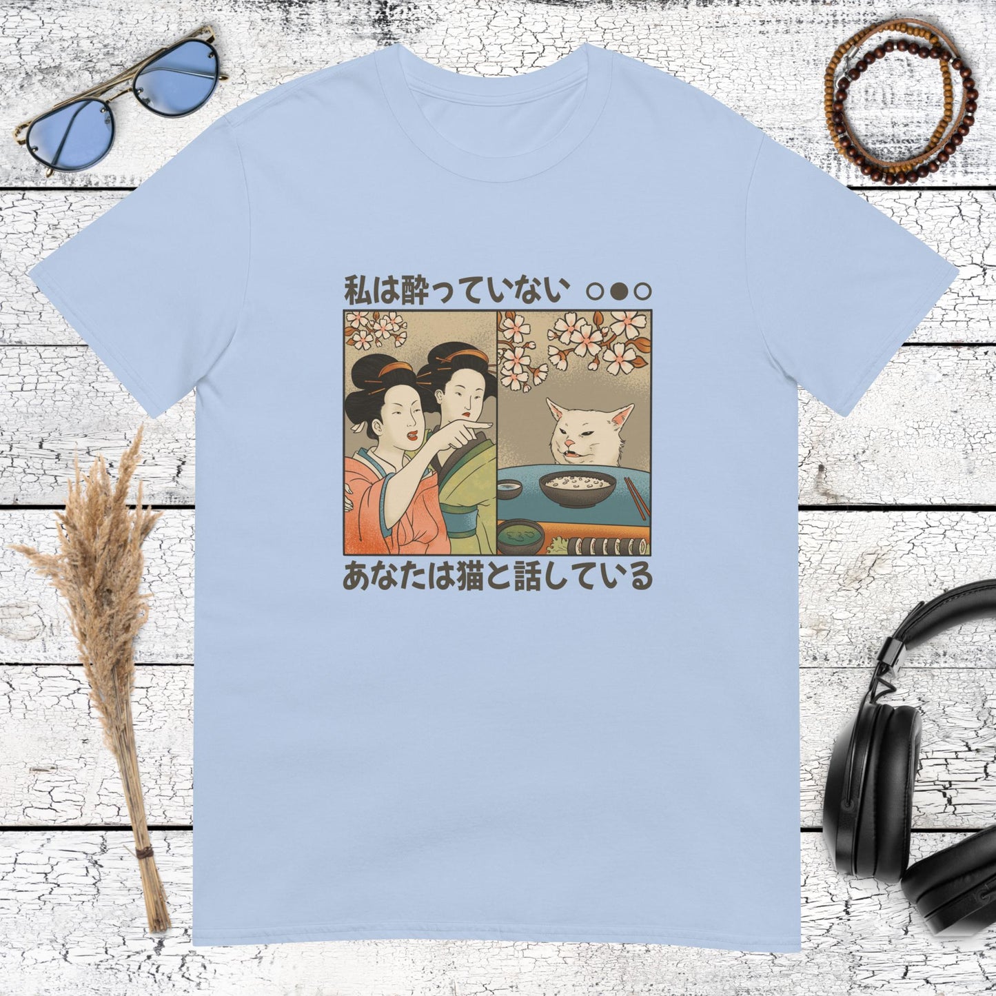 Iconic internet meme woman and cat in Japanese woodblock style on light blue shirt