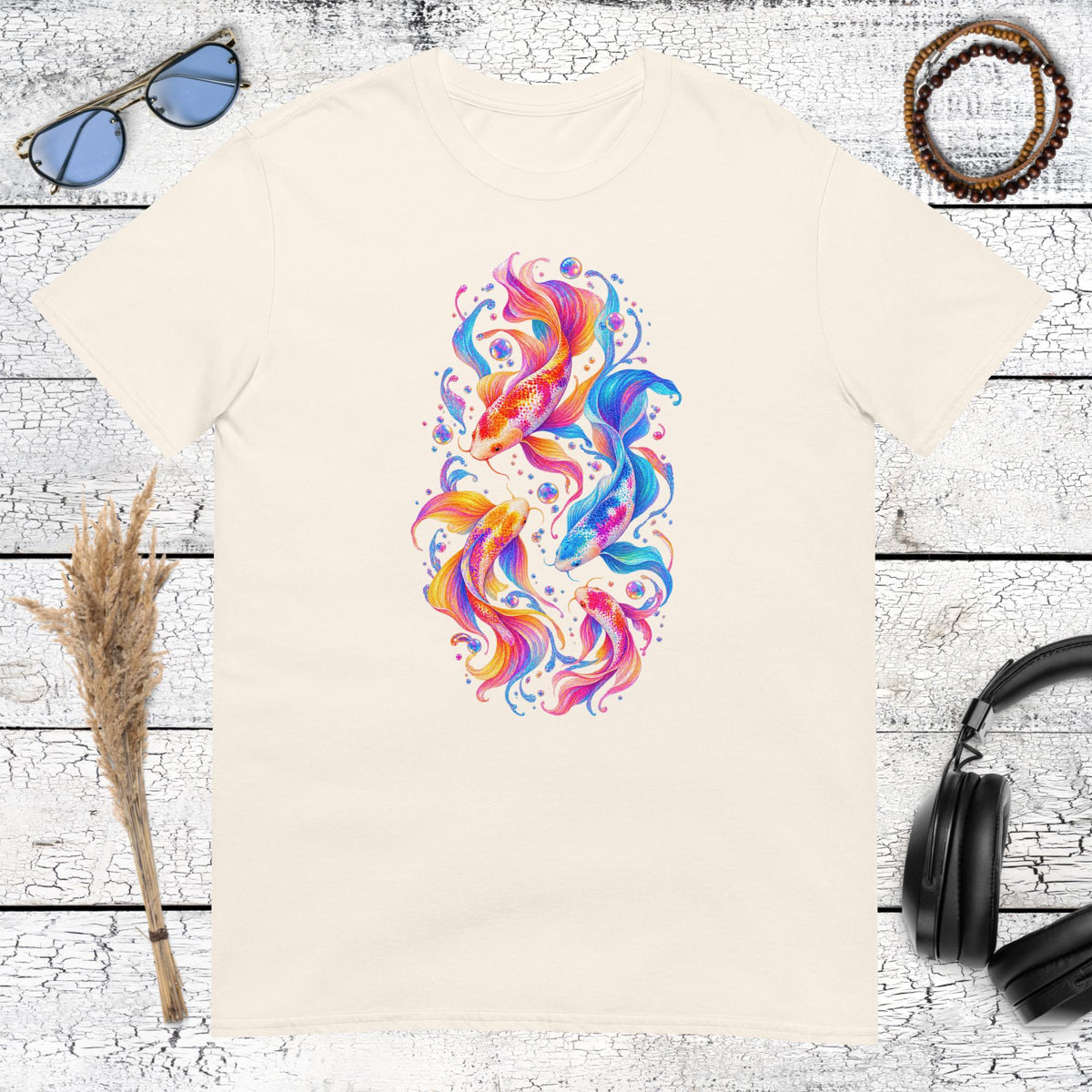 Colourful koi fish illustration printed on a natural cotton t-shirt