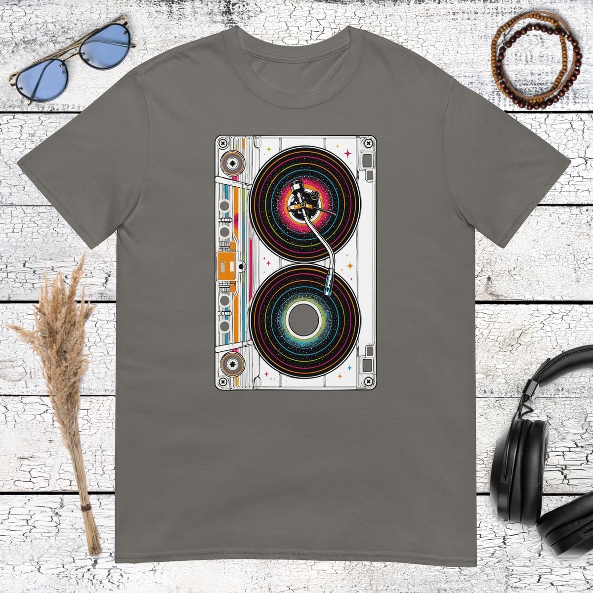 Vintage stereo speaker graphic printed on a charcoal t-shirt
