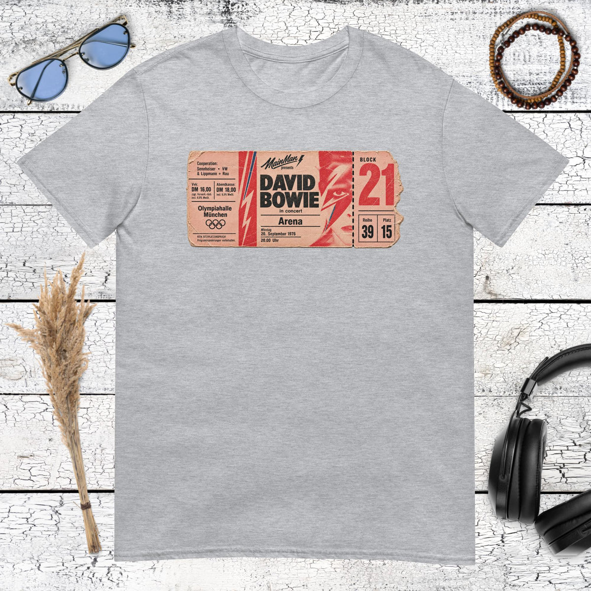 Red and cream vintage music graphic with bold lettering on a sport grey t-shirt