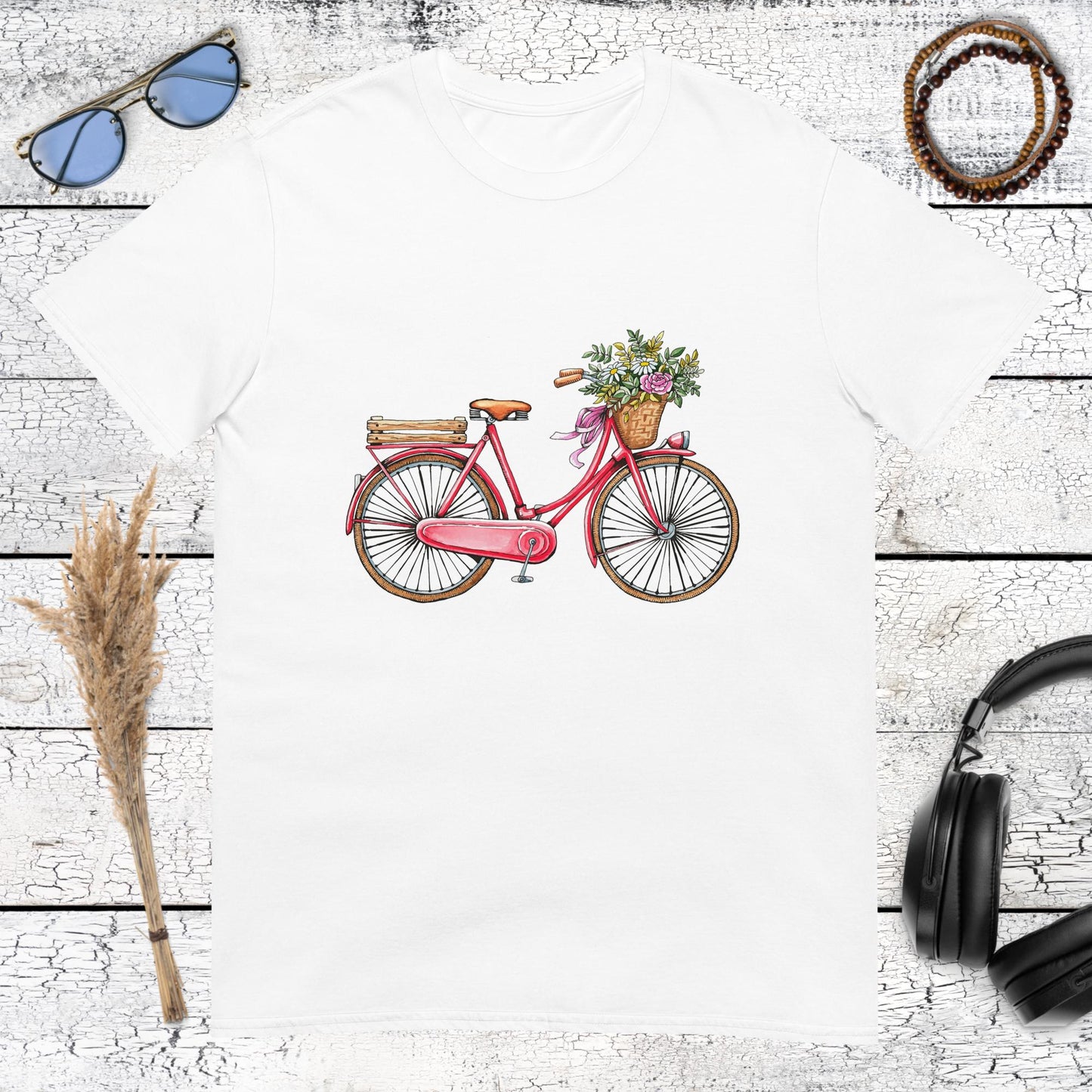 Aesthetic pink bike with flower basket artwork printed on a white t-shirt