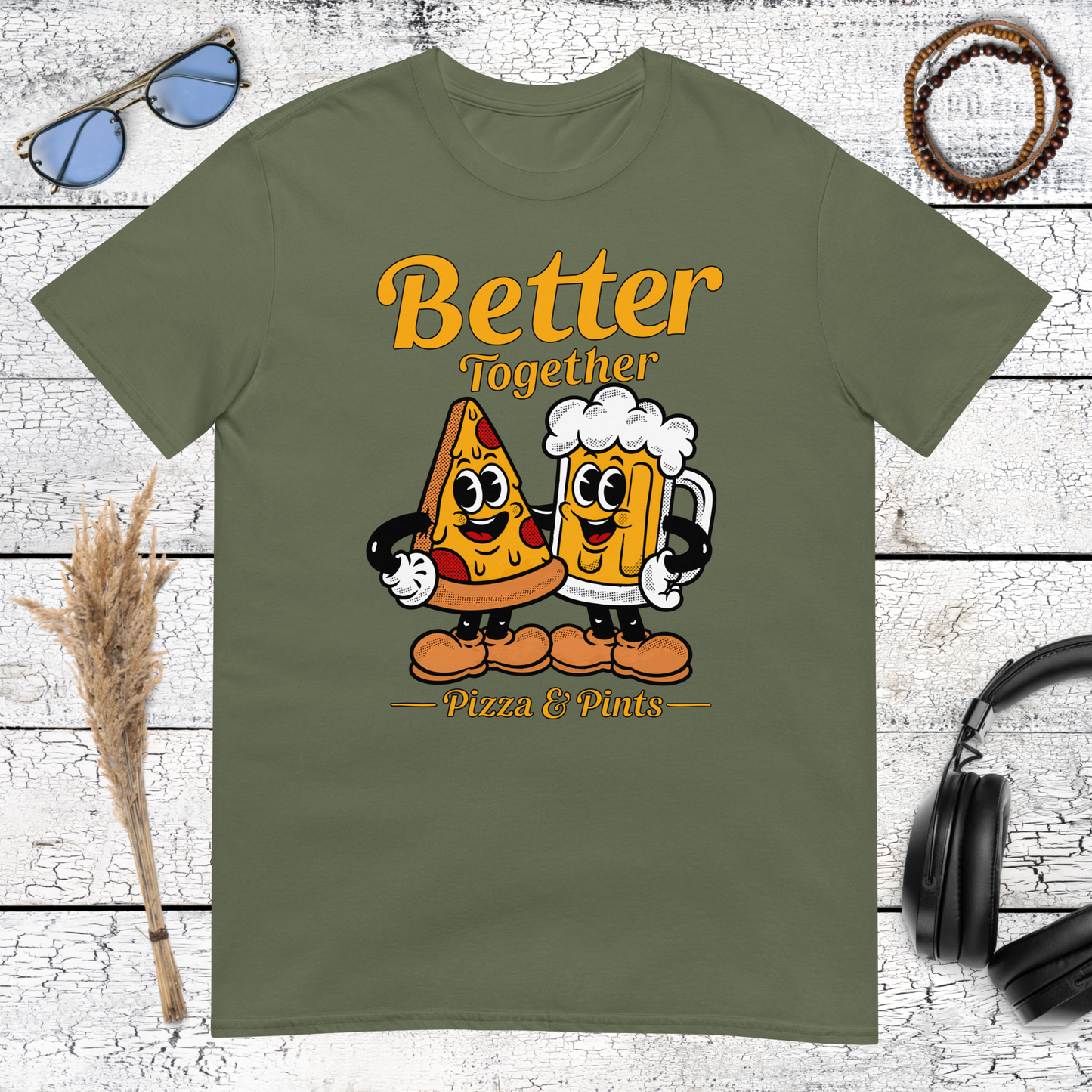 Vintage-style pizza and beer graphic with Better Together lettering on a military green t-shirt