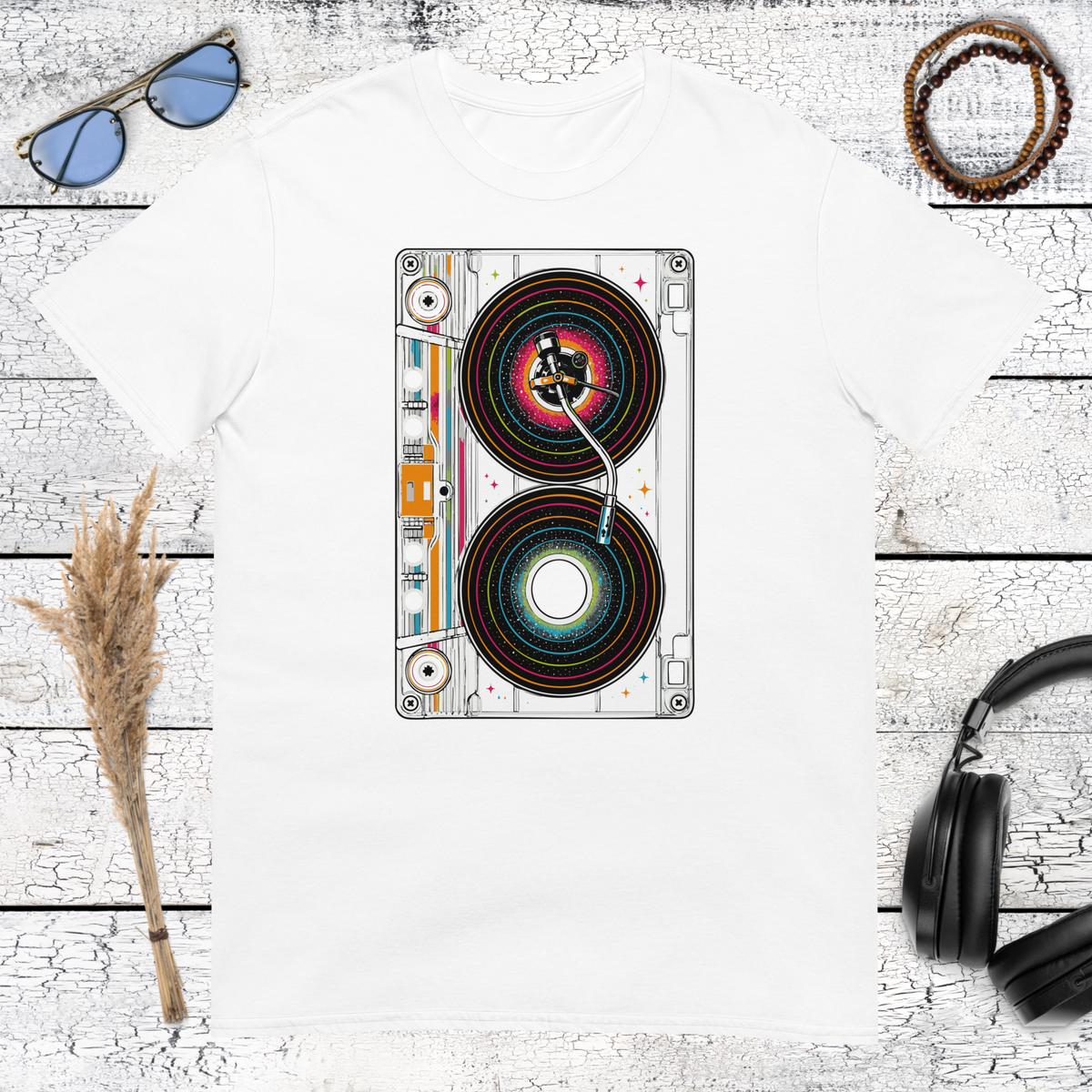 Colourful vintage stereo speaker graphic printed on a white t-shirt