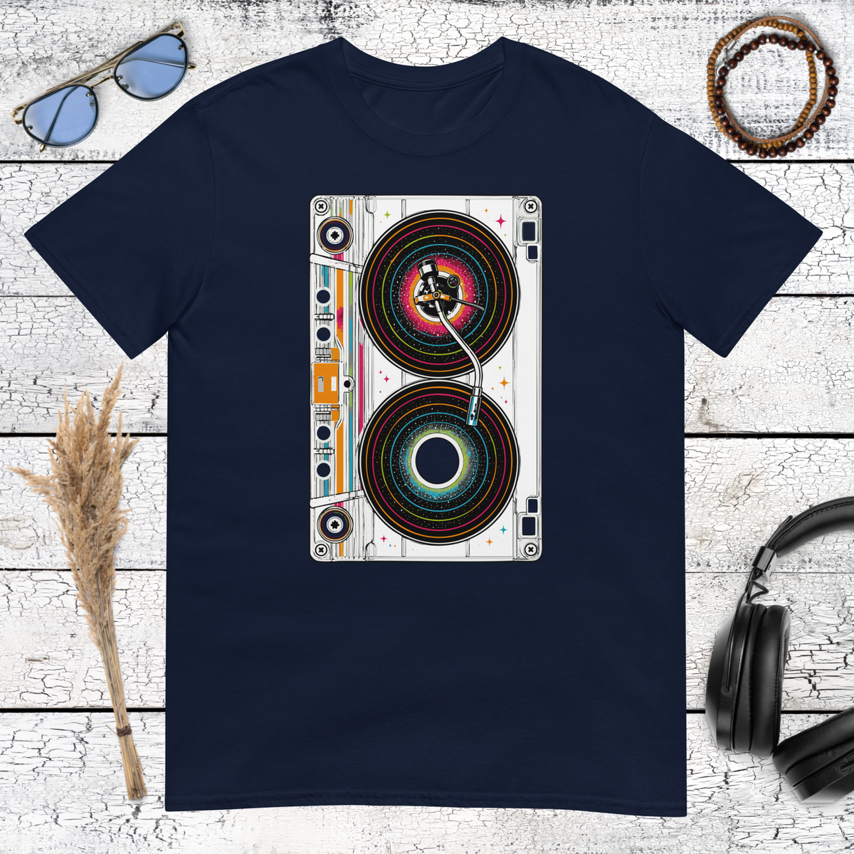 Vintage stereo speakers graphic printed on a navy blue t-shirt