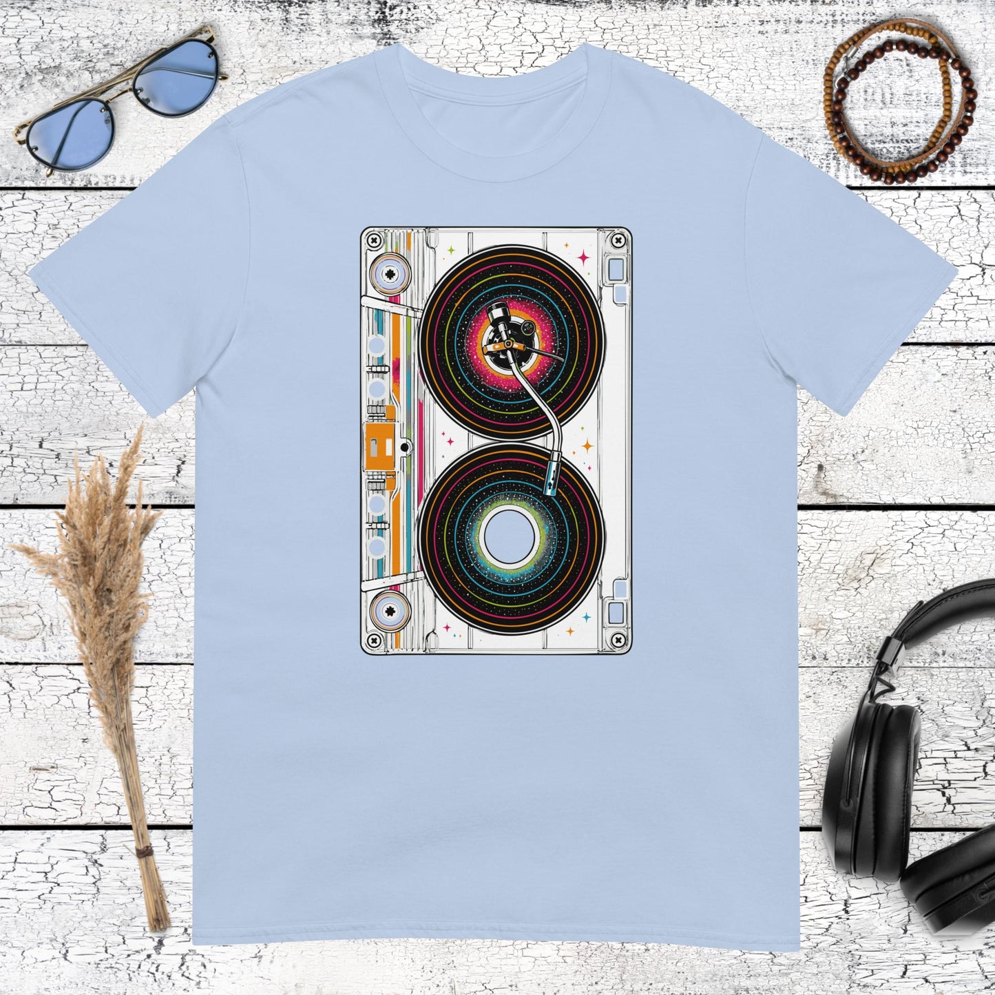 Vintage speaker graphic with colourful audio details on a light blue t-shirt