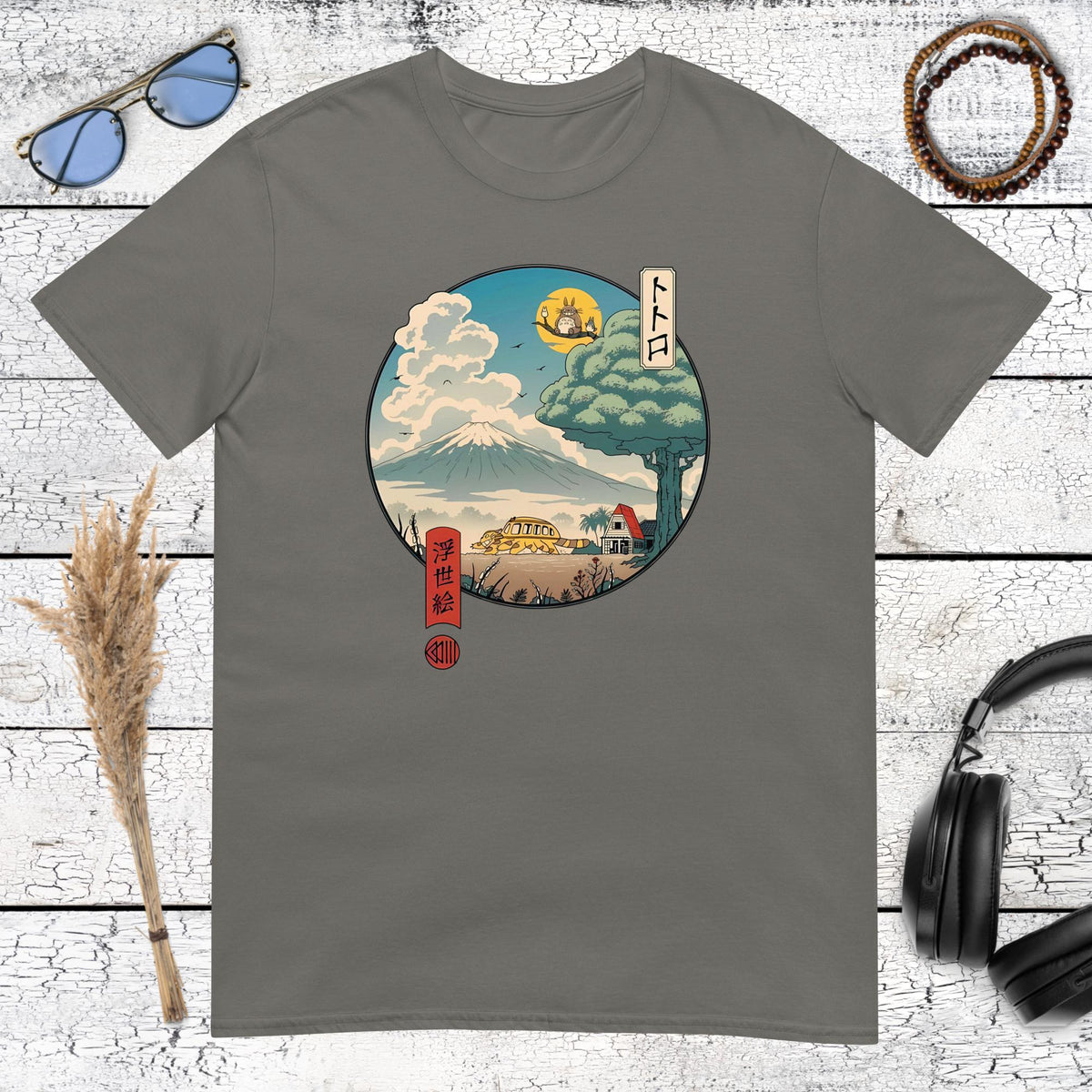 Aesthetic anime art showing Totoro in a traditional Japanese setting on a charcoal t-shirt