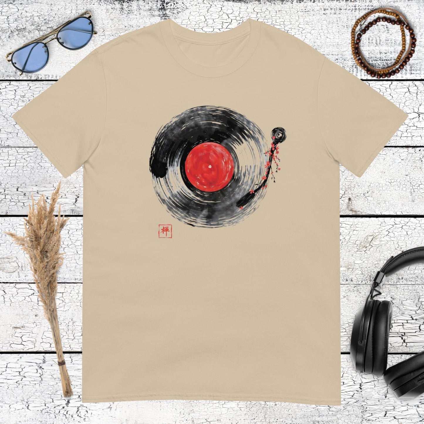 Vintage style Sumi-e ink wash vinyl record illustration on sand tee