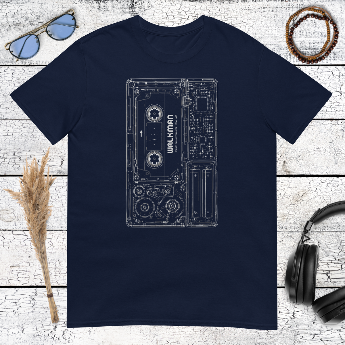 Product mClassic portable music player illustration printed on a navy blue t-shirtockup
