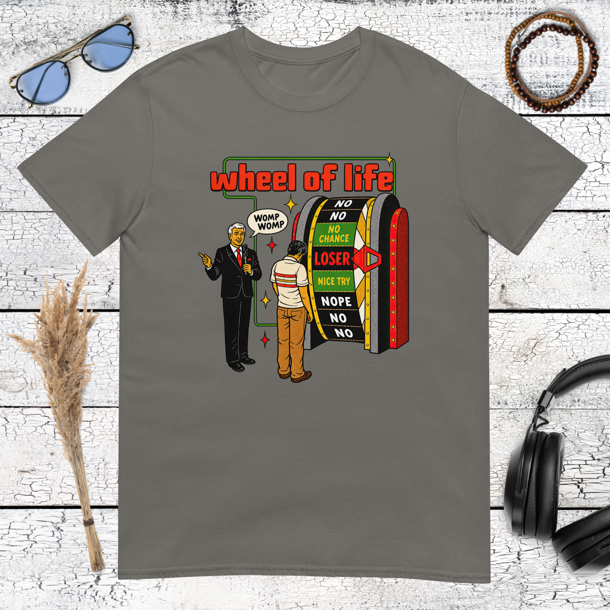 Vintage colourful Wheel of Life graphic printed on a charcoal t-shirt