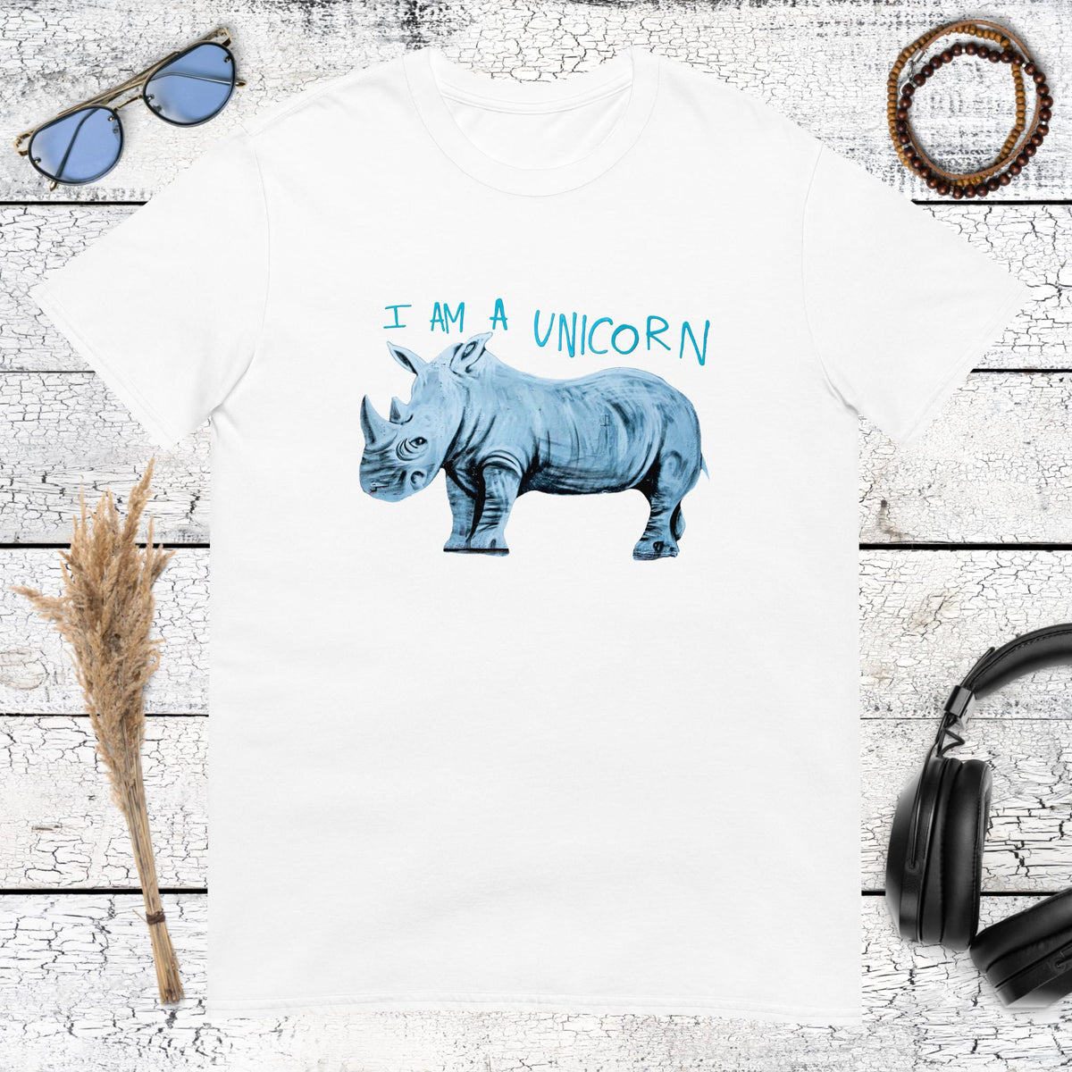 Vibrant rhino artwork with funny blue text saying I'm a unicorn on a white t-shirt
