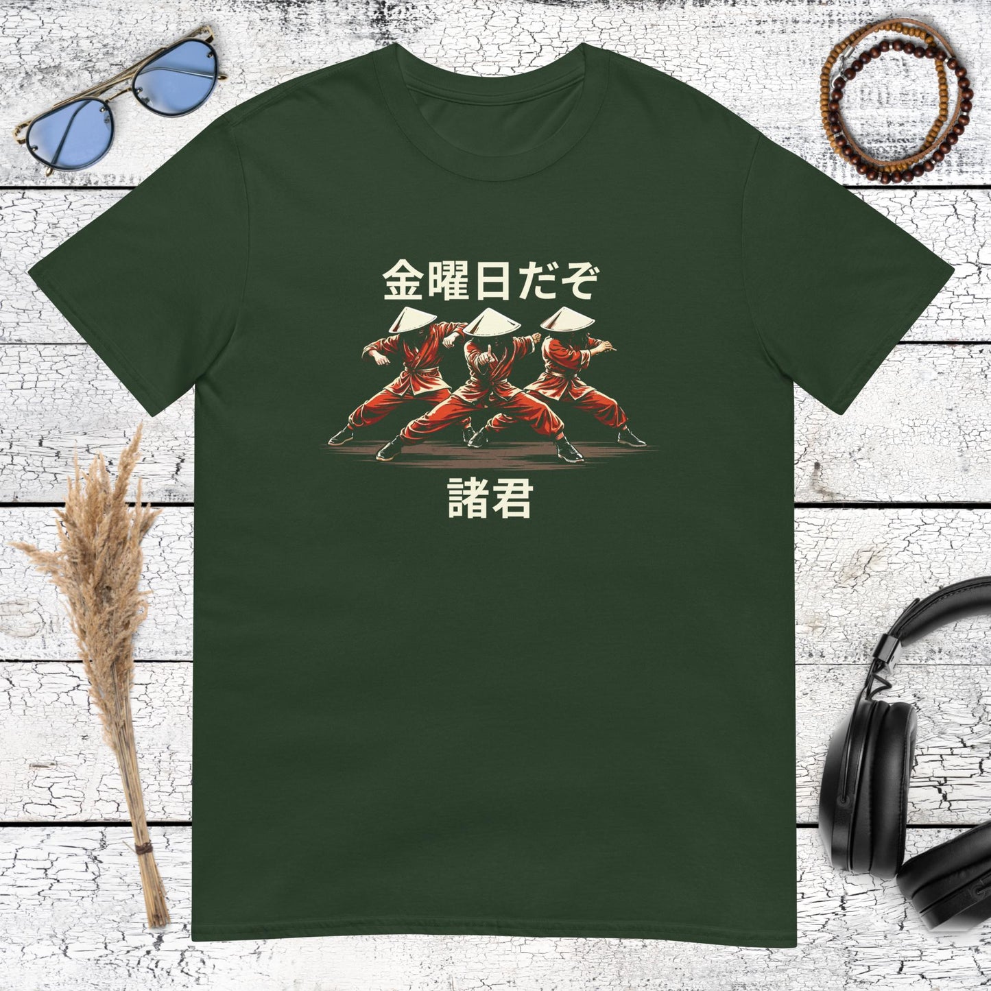 Japanese samurai warrior graphic with Friday humour printed on a forest green t-shirt