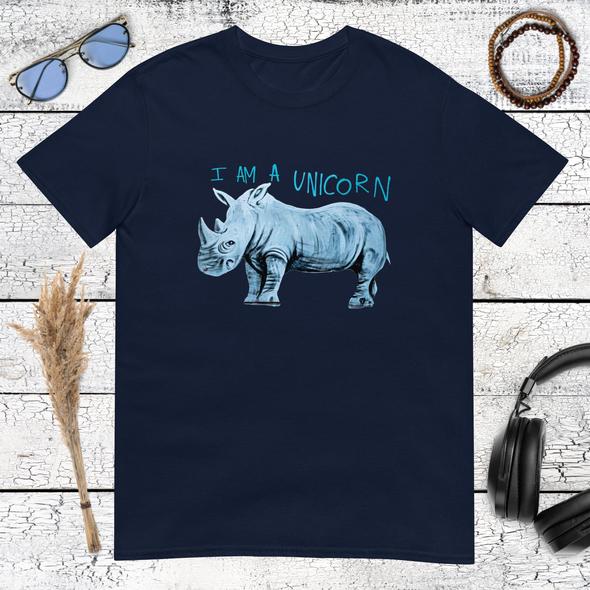 Detailed rhino profile with humorous quote for animal lovers on a navy blue t-shirt