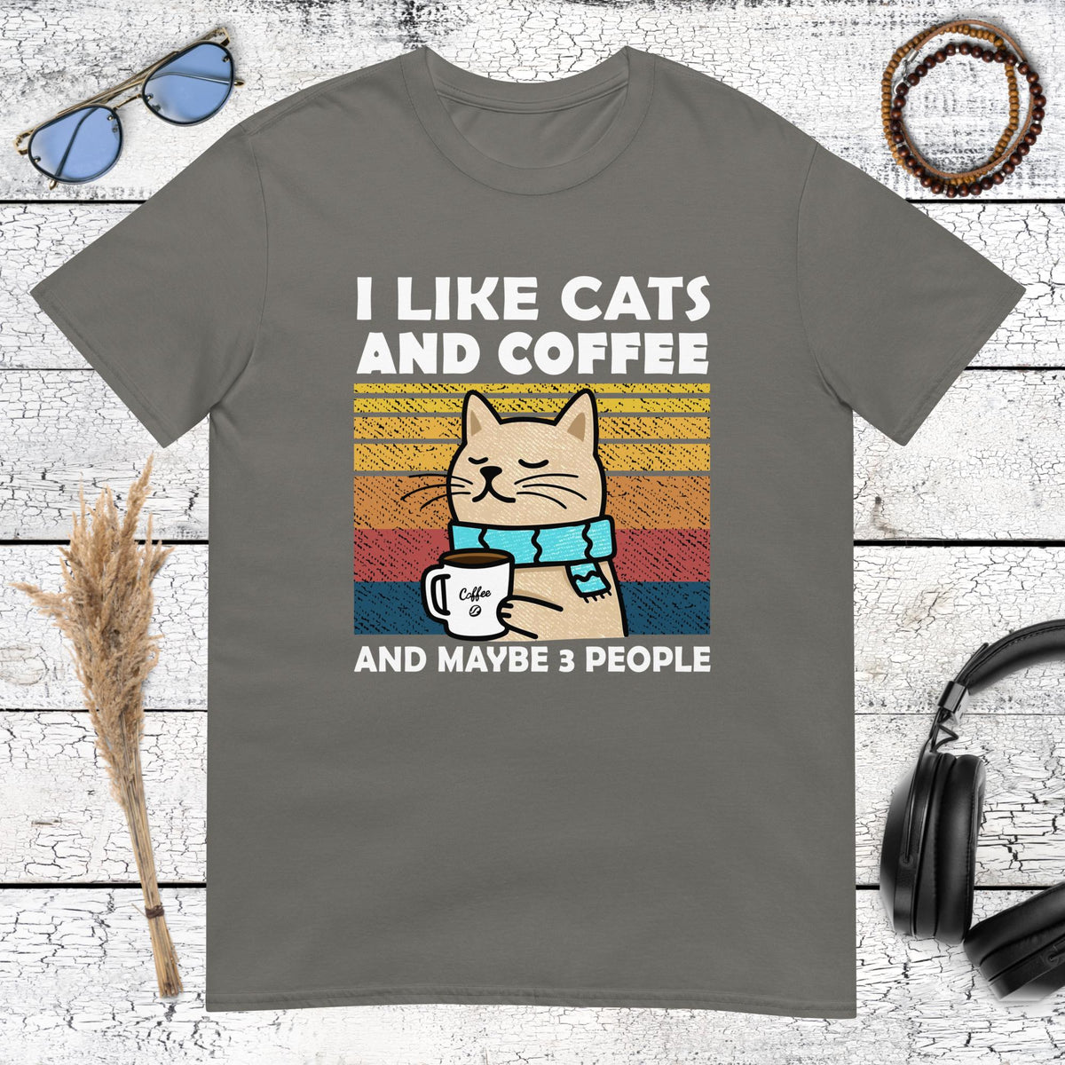 Cat and coffee graphic with funny introvert quote on a charcoal t-shirt