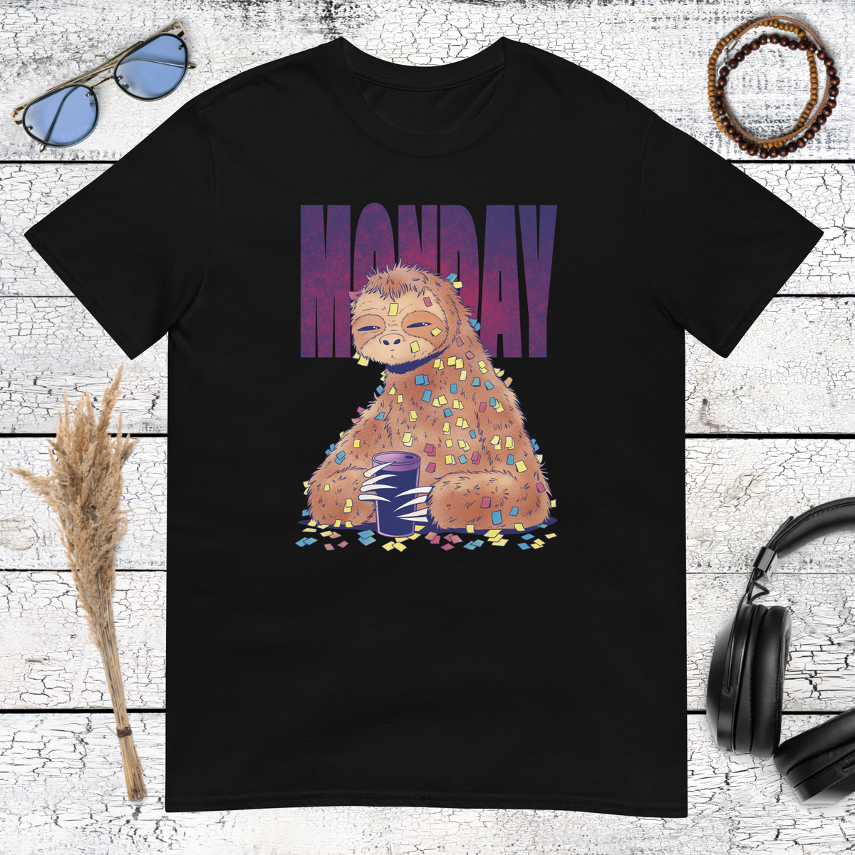 High contrast graphic of a coffee-loving sloth with Monday quote on a black t-shirt