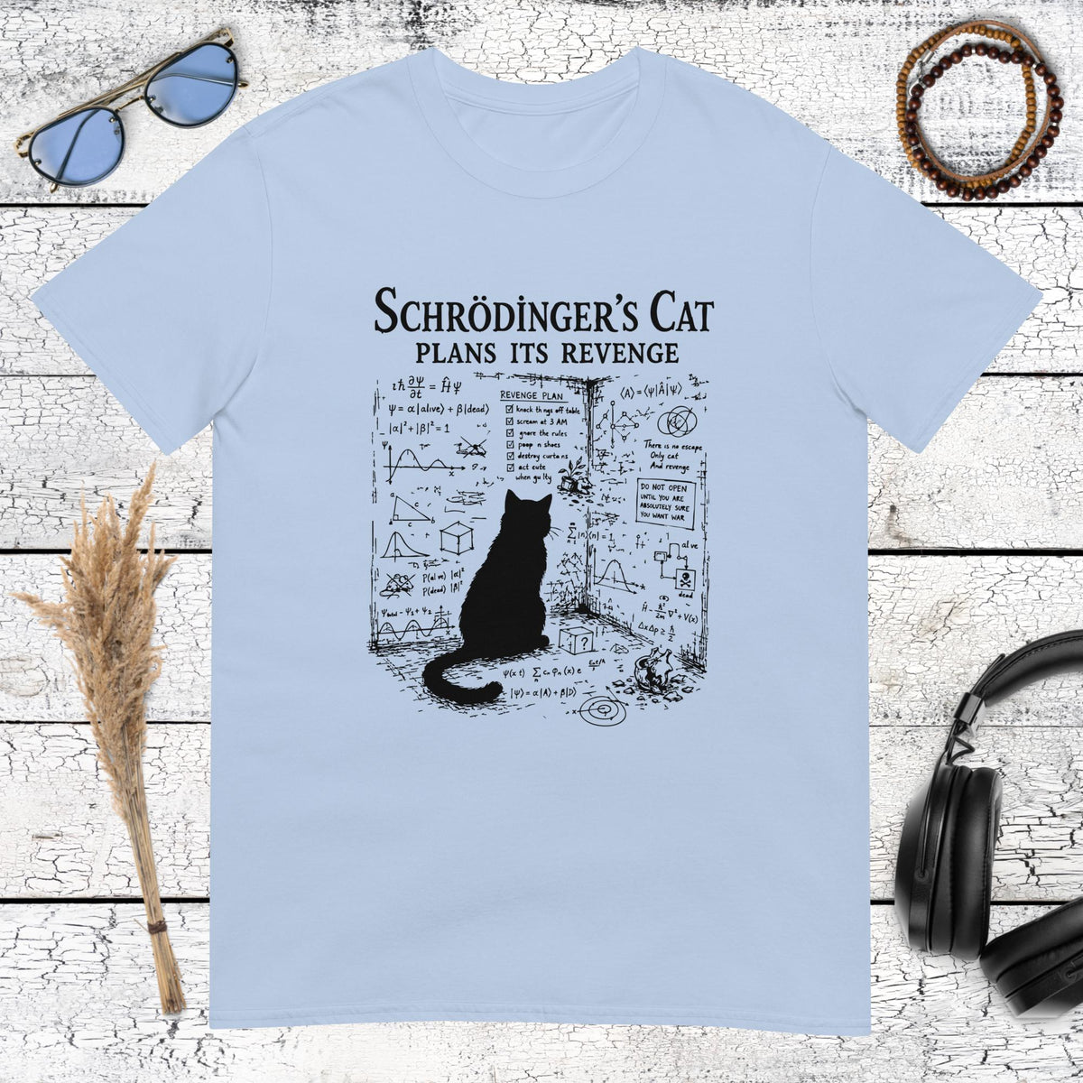 Schrödinger’s cat graphic with a quantum physics theme printed on a light blue t-shirt