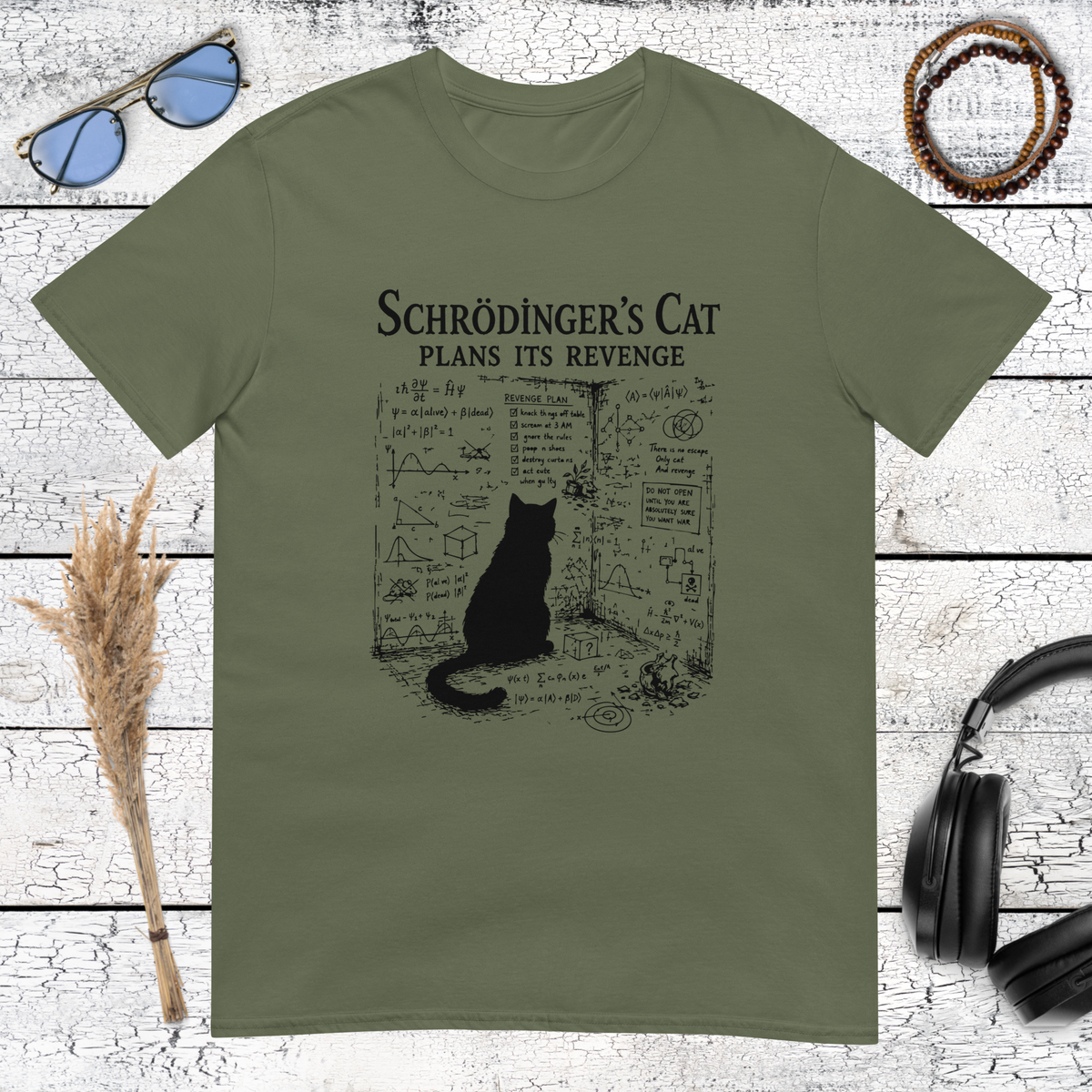 Schrödinger’s cat science graphic printed on a military green t-shirt