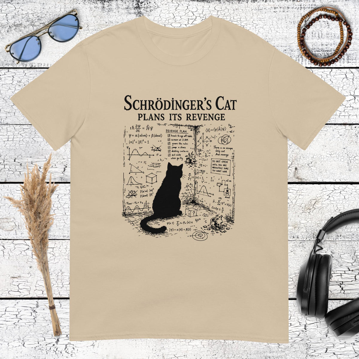 Schrödinger’s cat science humour design printed on a sand t-shirt