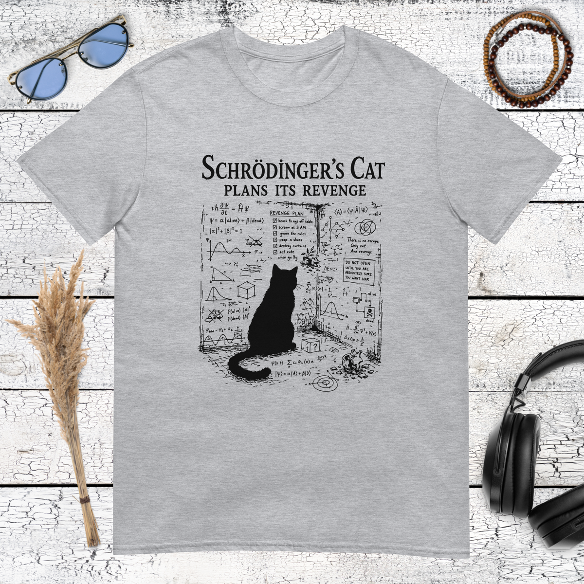 Schrödinger’s cat physics humour graphic printed on a sport grey t-shirt