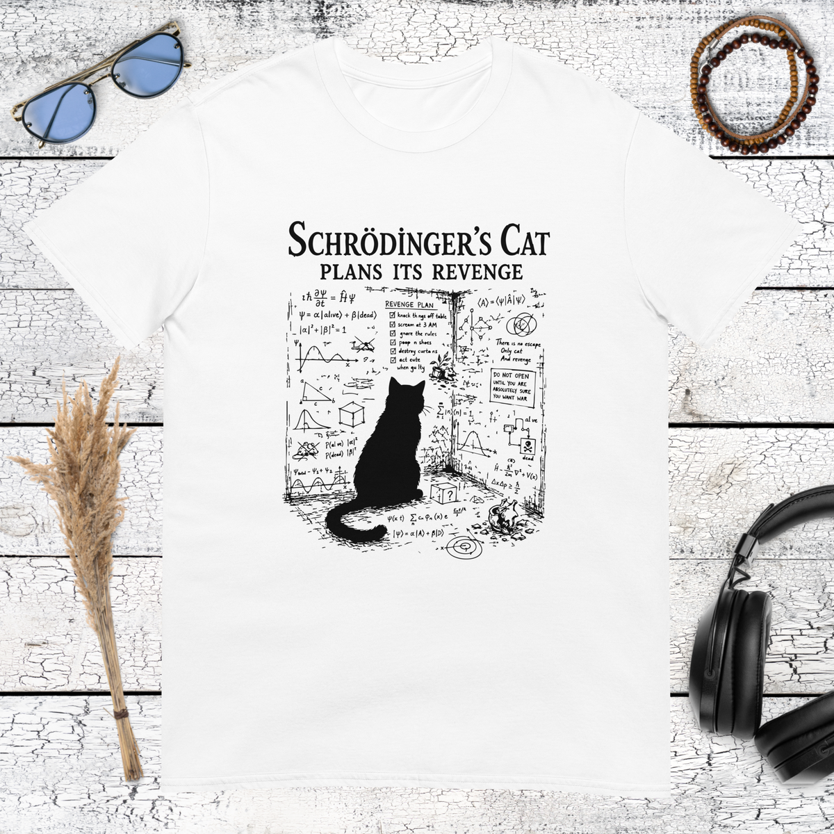 Schrödinger’s cat physics humour graphic printed on a white t-shirt