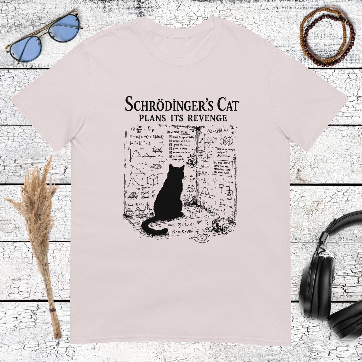 Schrödinger’s cat physics graphic printed on an ice grey t-shirt