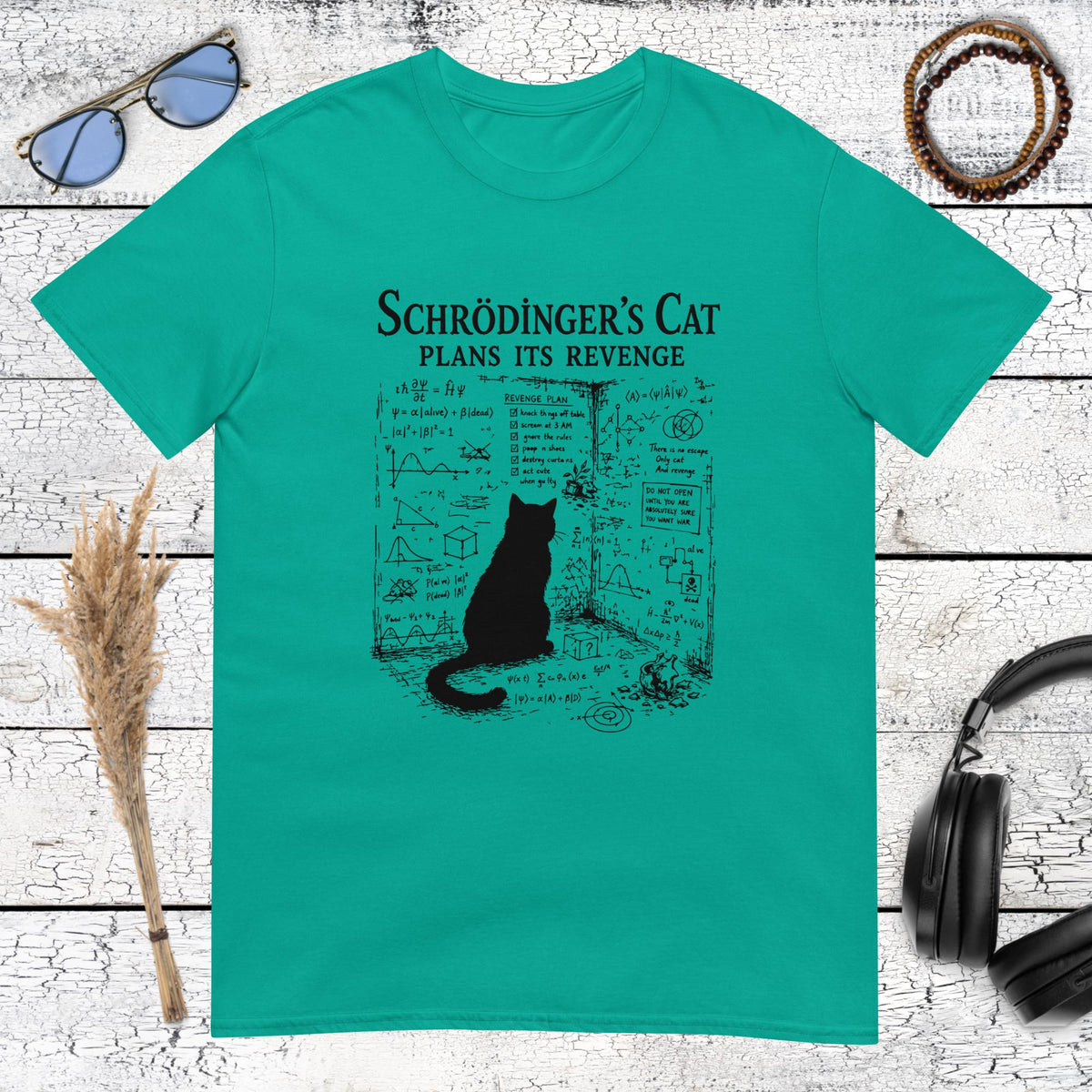 Schrödinger’s cat graphic with a science humour theme printed on a jade dome t-shirt