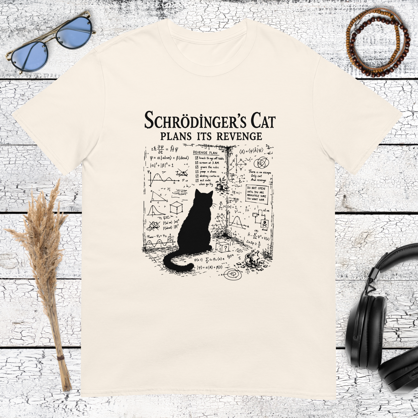 Schrödinger’s cat physics graphic printed on a natural cotton t-shirt