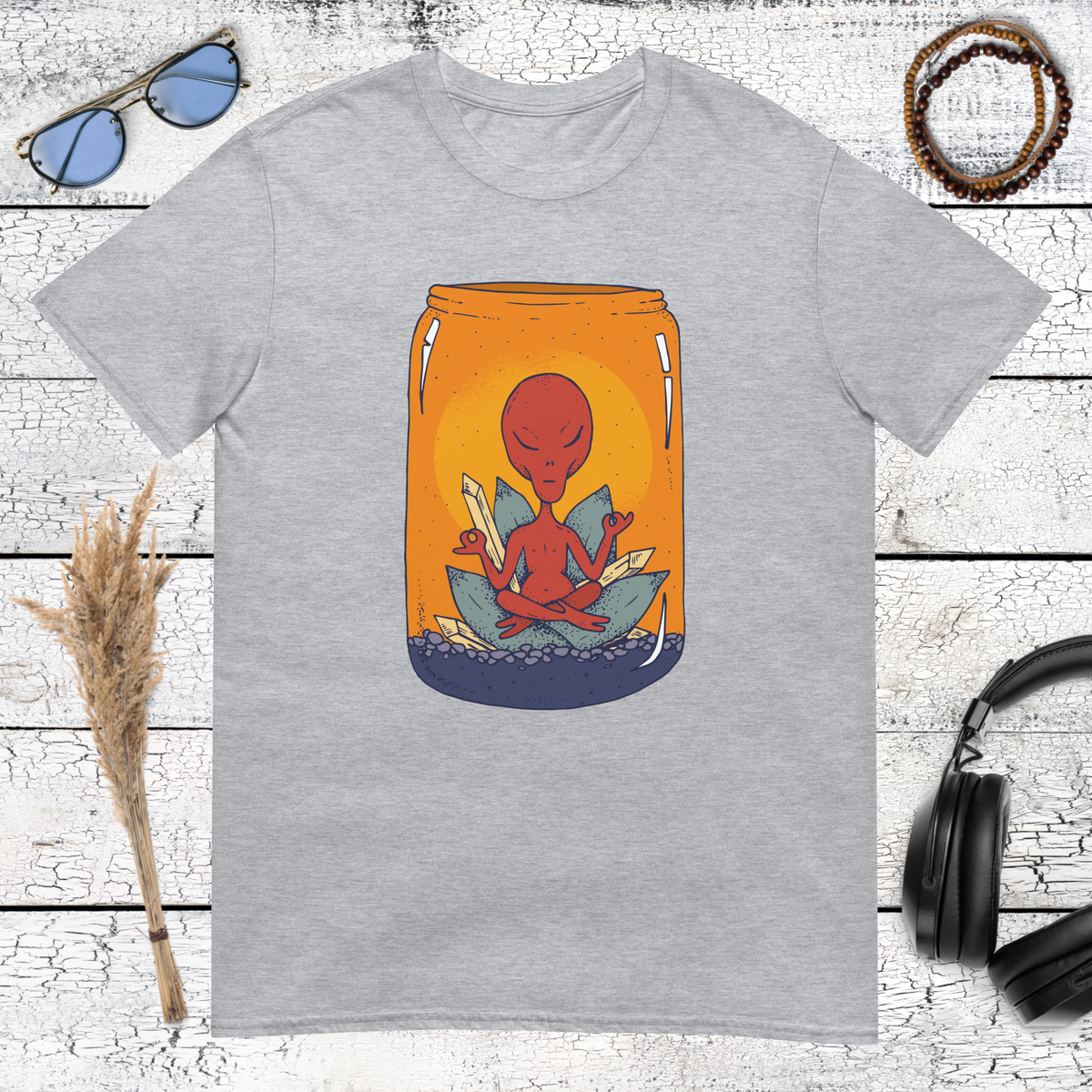 Minimalist meditating alien and orange sun art on sport grey shirt