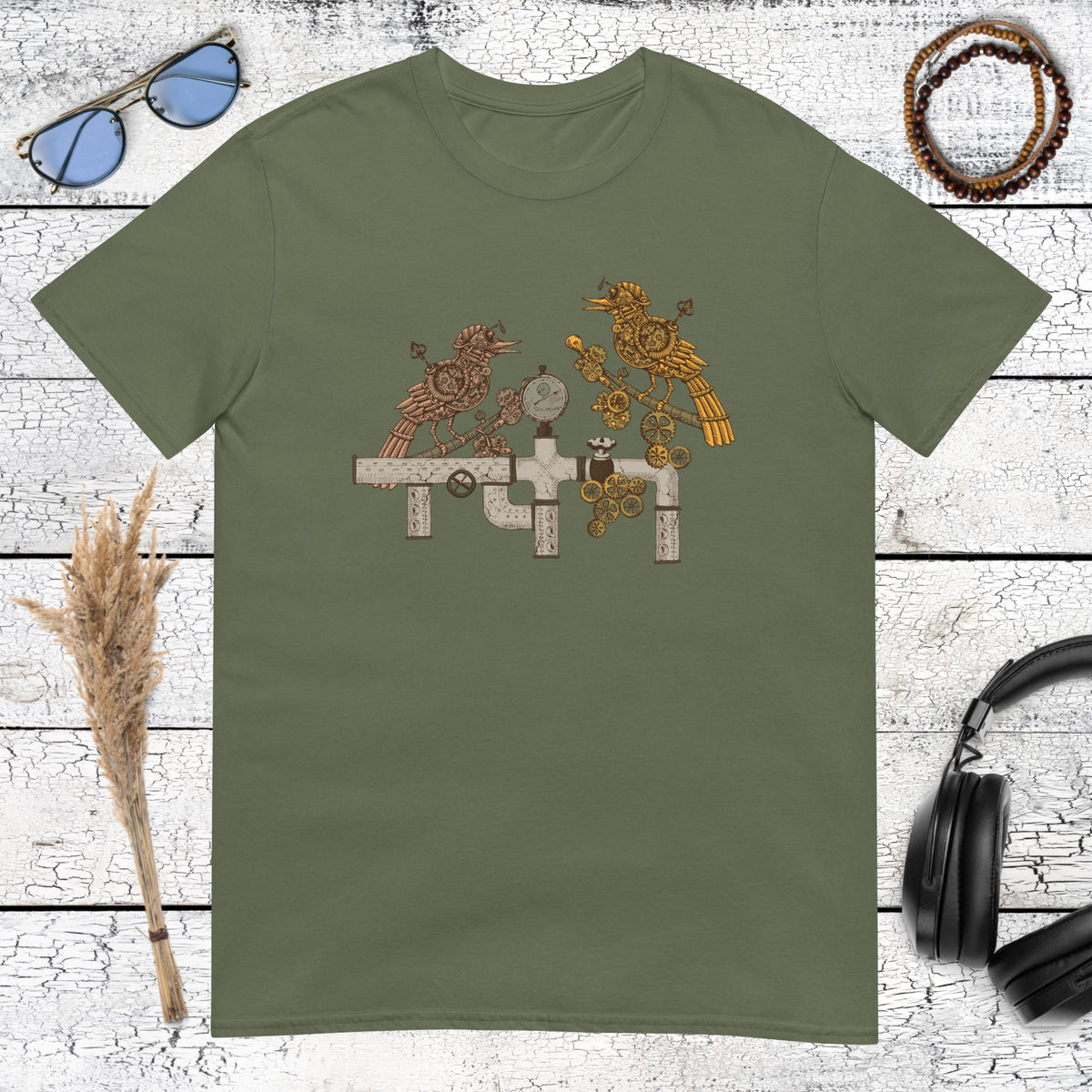 Mechanical birds graphic with vintage industrial details printed on a military green t-shirt