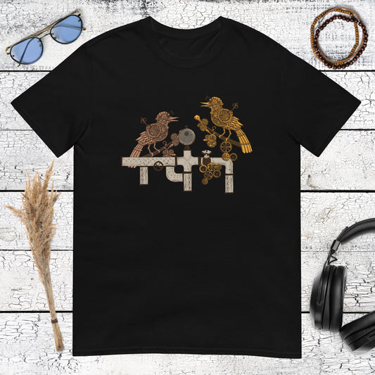 Steampunk mechanical birds graphic printed on a black t-shirt