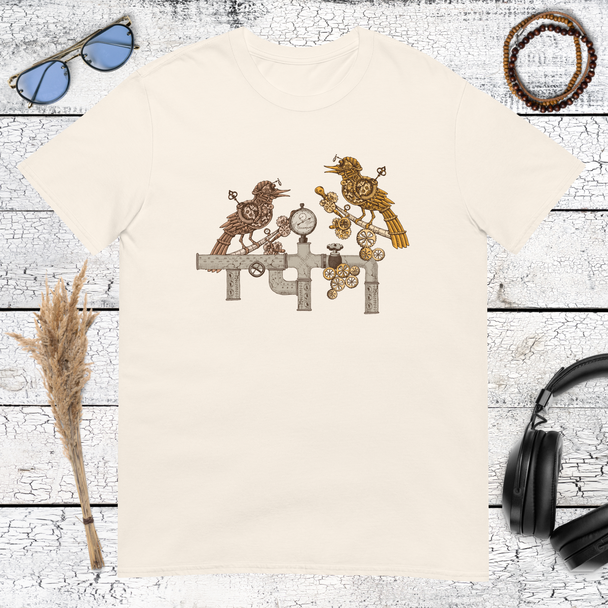 Mechanical birds and industrial artwork printed on a natural cotton t-shirt