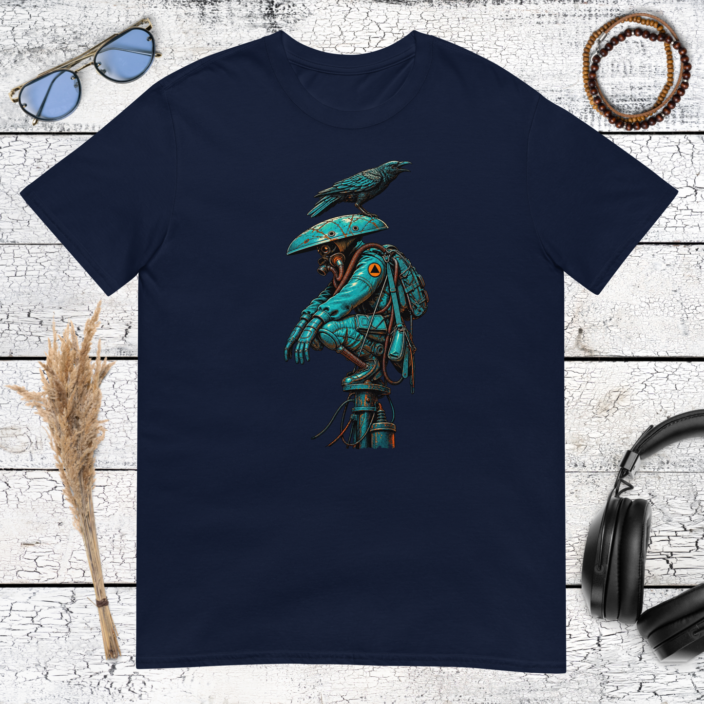 Steampunk mechanical raven artwork printed on a navy blue t-shirt