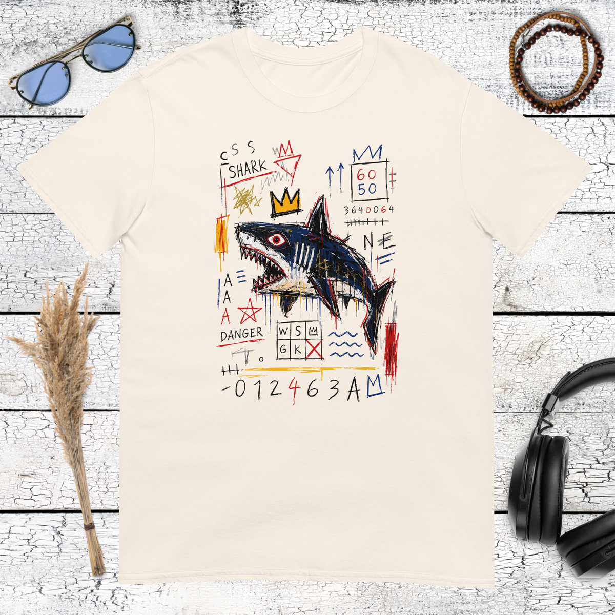 Basquiat-inspired crowned shark illustration with expressive symbols on a natural cotton t-shirt