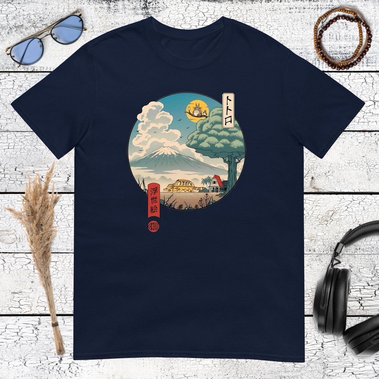 Serene Japanese mountain landscape featuring the lovable forest spirit on a navy blue t-shirt