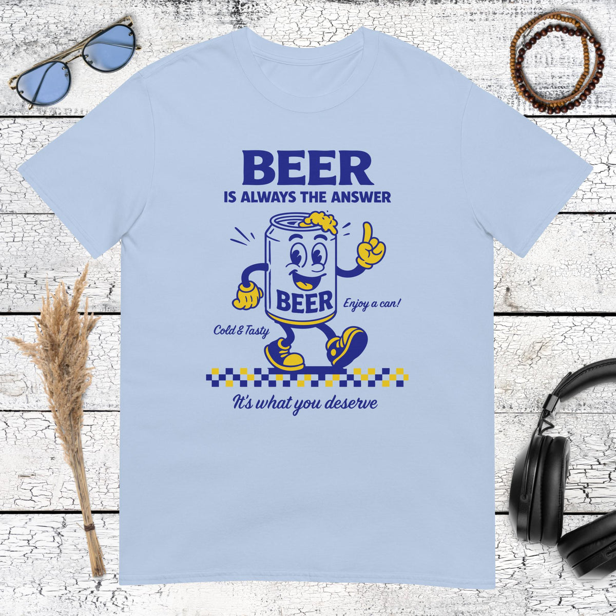 Cool beer can character with shades and sunglasses on light blue shirt