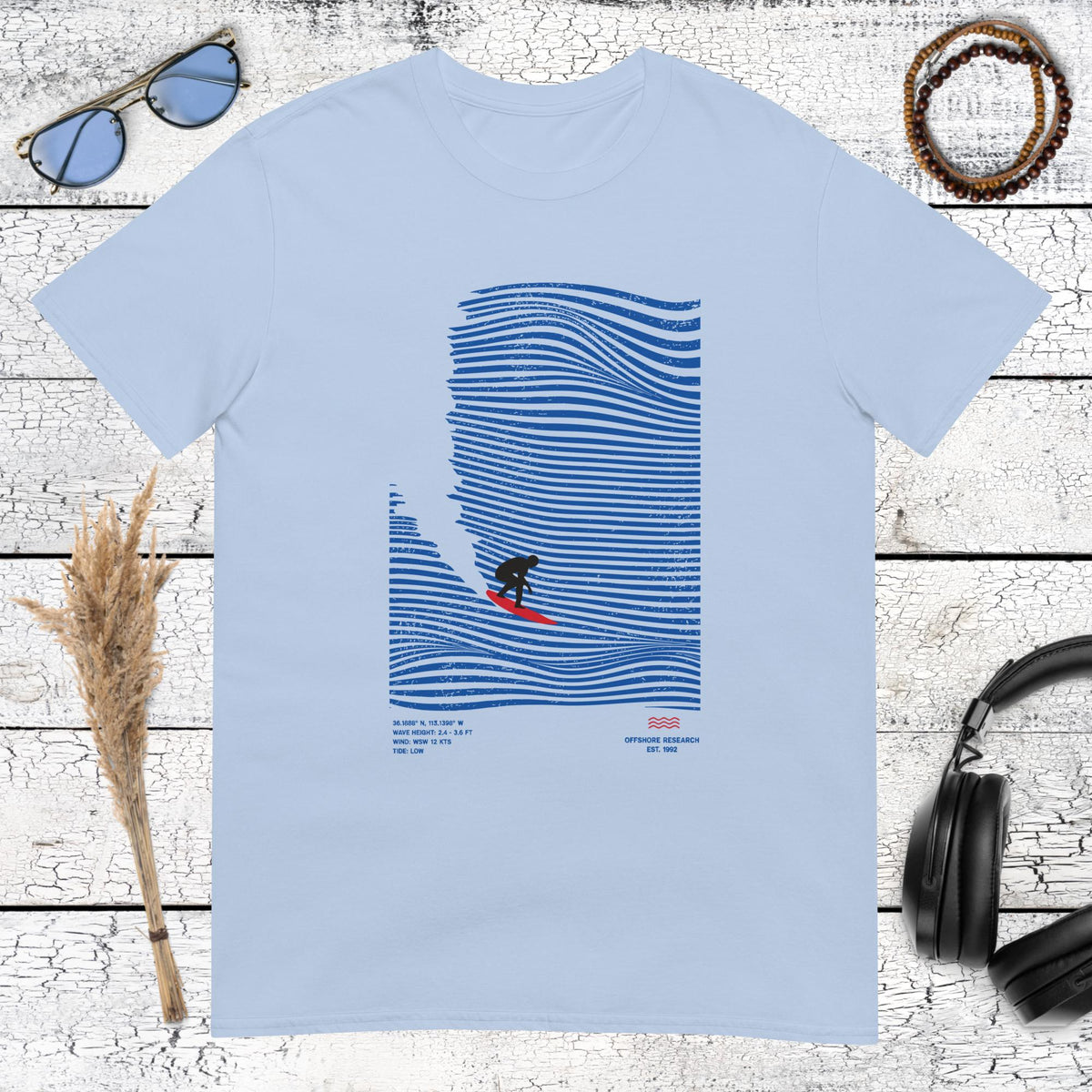 Lone surfer and horizontal blue waves on a light blue t-shirt