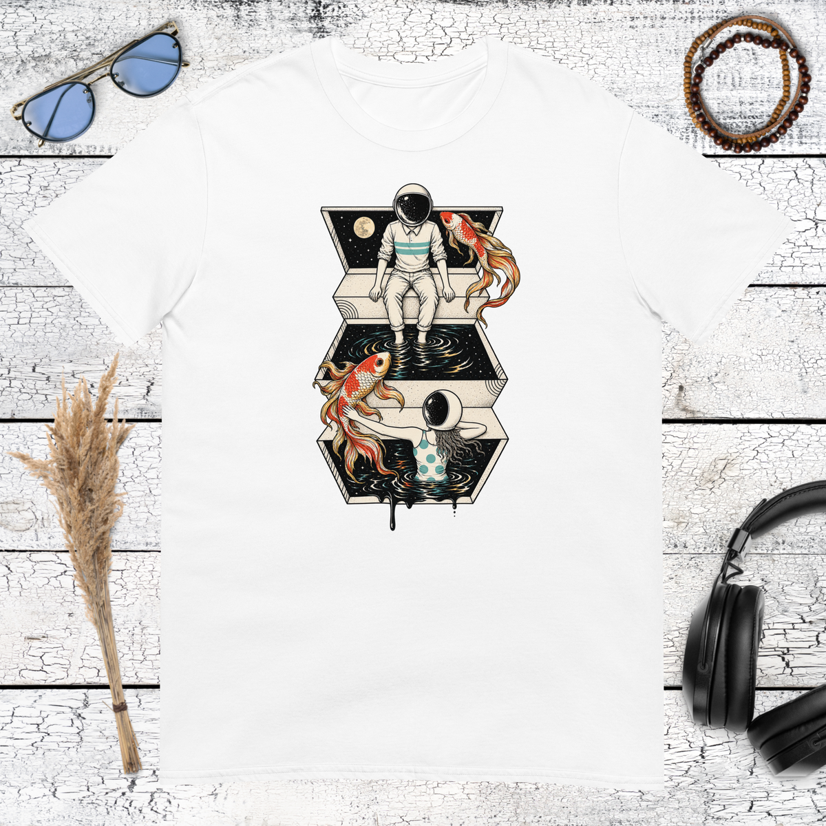 Colourful astronaut and koi fish space collage printed on a white t-shirt
