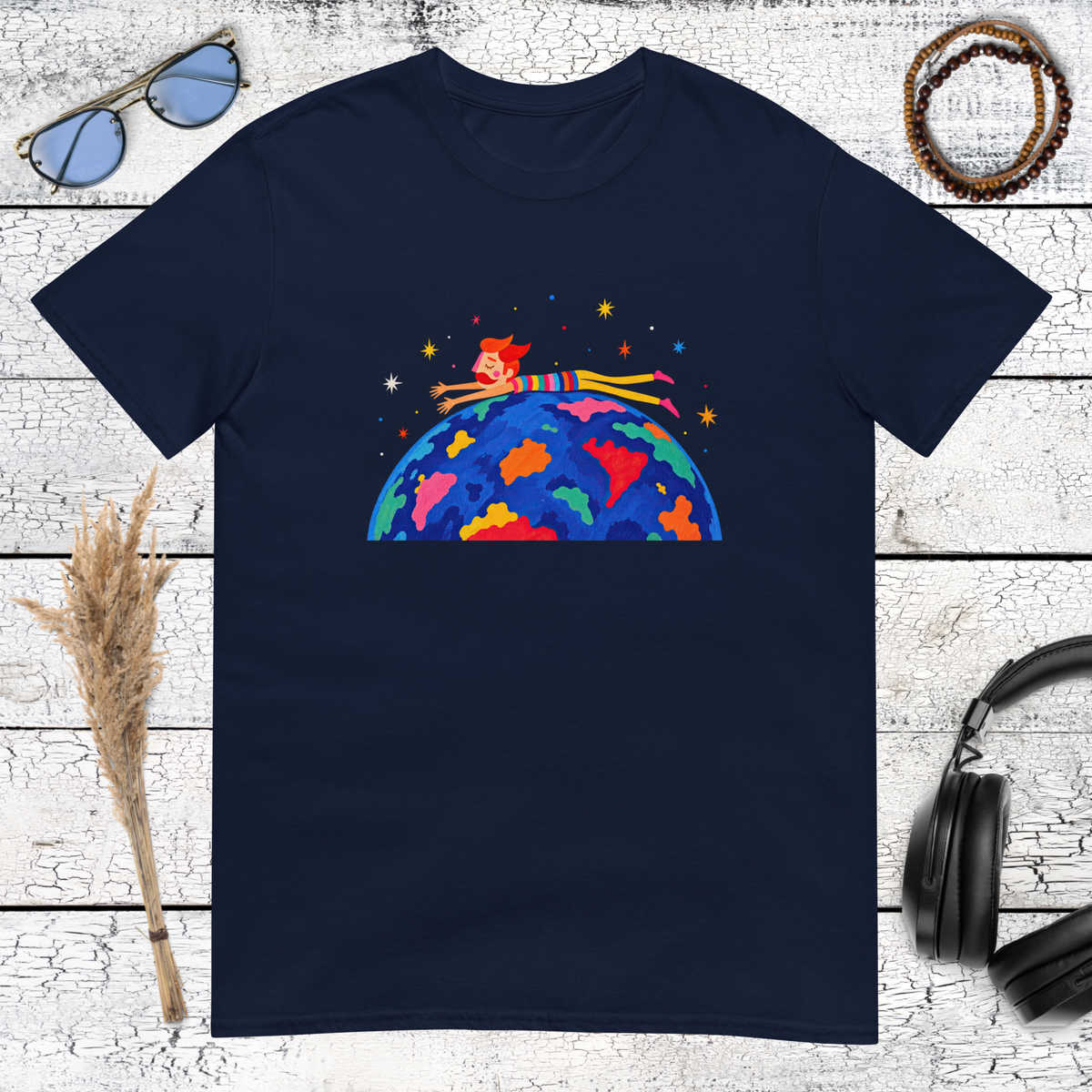 Dreamlike colourful Earth and tiny cosmic traveller graphic on a navy blue t-shirt